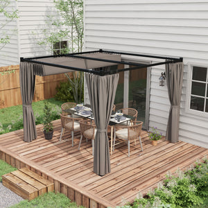 10' x 10' Pergola with Retractable Pergola Canopy and Curtains, Metal Frame Garden Gazebo Outdoor Sun Shade Shelter for Grill, Patio, Deck, Light Grey