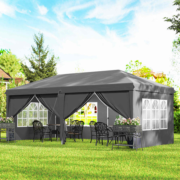3 x 6 m Garden Pop Up Gazebo, Wedding Party Tent Marquee, Water Resistant Awning Canopy with Sidewalls, Windows, Carry Bag, Grey