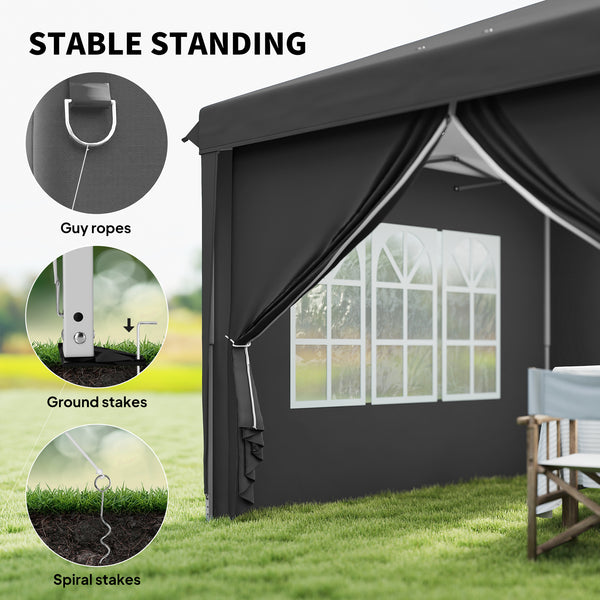 3 x 6 m Garden Pop Up Gazebo, Wedding Party Tent Marquee, Water Resistant Awning Canopy with Sidewalls, Windows, Carry Bag, Grey