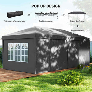 3 x 6 m Garden Pop Up Gazebo, Wedding Party Tent Marquee, Water Resistant Awning Canopy with Sidewalls, Windows, Carry Bag, Grey