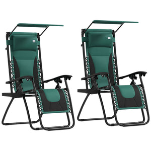 Zero Gravity Lounger Chair Set of 2, Folding Reclining Patio Chair with Shade Cover, Padded Seat, Cup Holder, Soft Cushion and Headrest for Poolside, Camping, Green