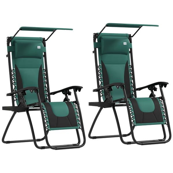Zero Gravity Lounger Chair Set of 2, Folding Reclining Patio Chair with Shade Cover, Padded Seat, Cup Holder, Soft Cushion and Headrest for Poolside, Camping, Green