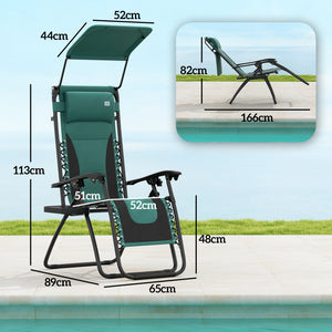 Zero Gravity Lounger Chair Set of 2, Folding Reclining Patio Chair with Shade Cover, Padded Seat, Cup Holder, Soft Cushion and Headrest for Poolside, Camping, Green