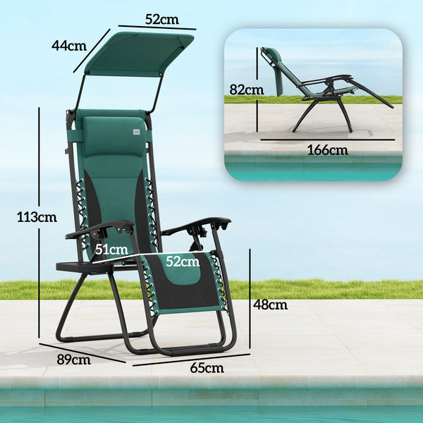 Zero Gravity Lounger Chair Set of 2, Folding Reclining Patio Chair with Shade Cover, Padded Seat, Cup Holder, Soft Cushion and Headrest for Poolside, Camping, Green