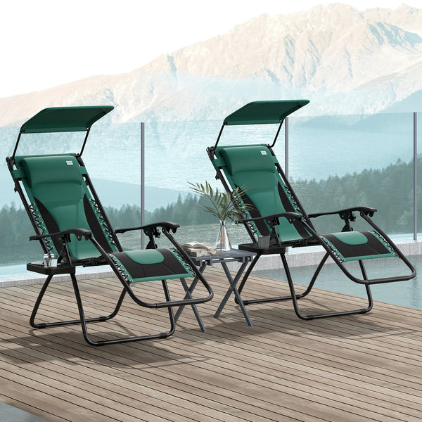 Zero Gravity Lounger Chair Set of 2, Folding Reclining Patio Chair with Shade Cover, Padded Seat, Cup Holder, Soft Cushion and Headrest for Poolside, Camping, Green