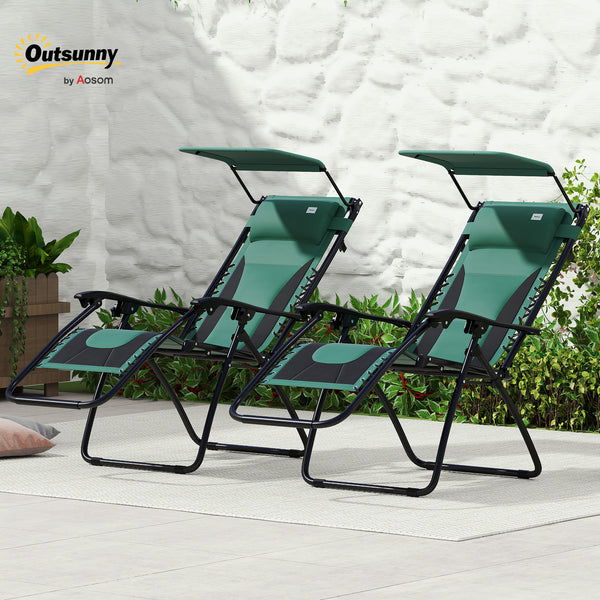 Zero Gravity Lounger Chair Set of 2, Folding Reclining Patio Chair with Shade Cover, Padded Seat, Cup Holder, Soft Cushion and Headrest for Poolside, Camping, Green