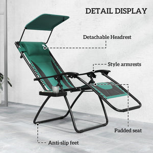 Zero Gravity Lounger Chair Set of 2, Folding Reclining Patio Chair with Shade Cover, Padded Seat, Cup Holder, Soft Cushion and Headrest for Poolside, Camping, Green