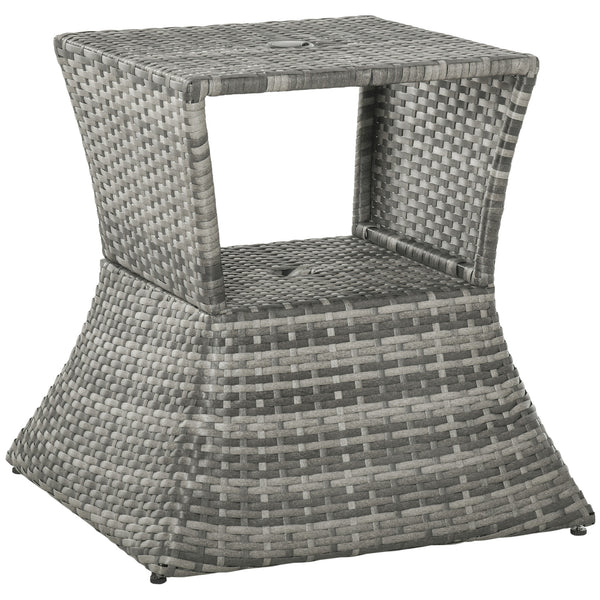 Rattan Outdoor Coffee Table, Wicker Garden Patio Bistro Side Table with Umbrella Hole and Storage Space for Balcony, Porch, Grey