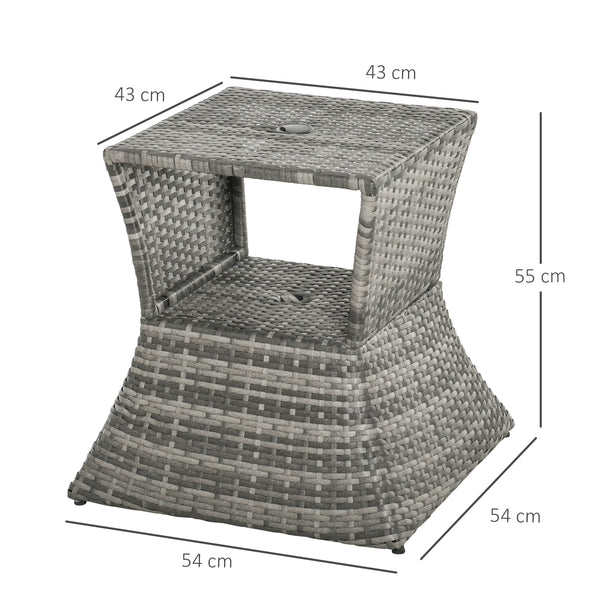 Rattan Outdoor Coffee Table, Wicker Garden Patio Bistro Side Table with Umbrella Hole and Storage Space for Balcony, Porch, Grey