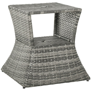 Rattan Wicker Outdoor Coffee Table, All Weather Side Table with Umbrella Hole, 2 Tier Storage Shelf, 21.3" Square End Table for Patio, Garden, Backyard, Mixed Grey