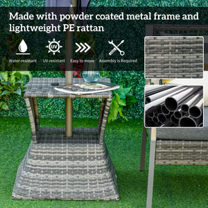 Rattan Wicker Outdoor Coffee Table, All Weather Side Table with Umbrella Hole, 2 Tier Storage Shelf, 21.3" Square End Table for Patio, Garden, Backyard, Mixed Grey