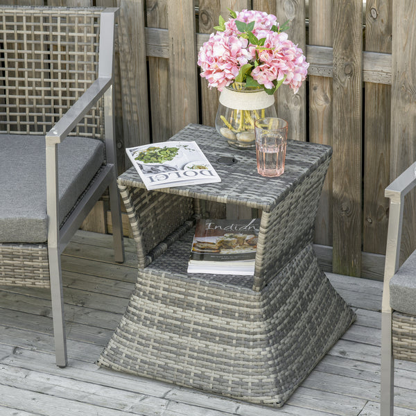 Rattan Outdoor Coffee Table, Wicker Garden Patio Bistro Side Table with Umbrella Hole and Storage Space for Balcony, Porch, Grey