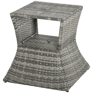 Rattan Wicker Outdoor Coffee Table, All Weather Side Table with Umbrella Hole, 2 Tier Storage Shelf, 21.3" Square End Table for Patio, Garden, Backyard, Mixed Grey