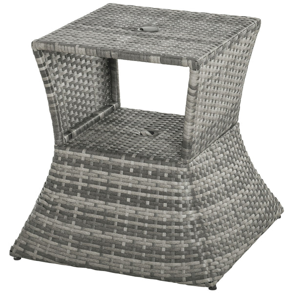 Rattan Wicker Outdoor Coffee Table, All Weather Side Table with Umbrella Hole, 2 Tier Storage Shelf, 21.3" Square End Table for Patio, Garden, Backyard, Mixed Grey