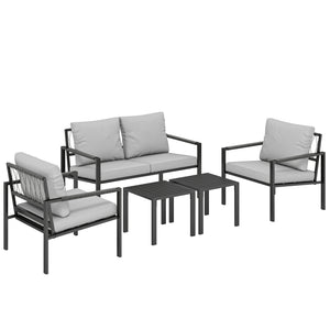 4 Seater Garden Furniture Set, 5 Piece Metal Garden Sofa Set with Thickened Cushions, Outdoor Patio Conversation Furniture with Loveseat, 2 Armchairs, 2 Coffee Tables for Balcony, Light Grey