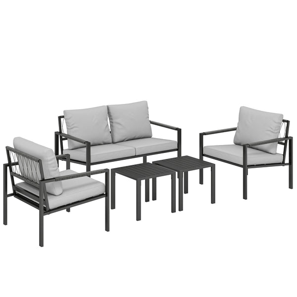 4 Seater Garden Furniture Set, 5 Piece Metal Garden Sofa Set with Thickened Cushions, Outdoor Patio Conversation Furniture with Loveseat, 2 Armchairs, 2 Coffee Tables for Balcony, Light Grey