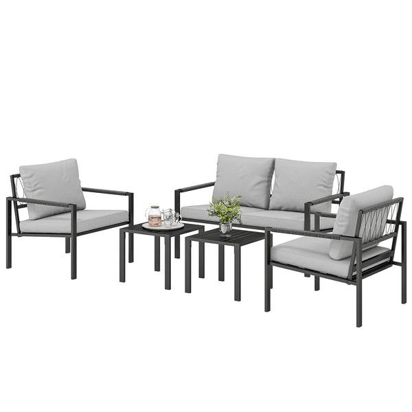 4 Seater Garden Furniture Set, 5 Piece Metal Garden Sofa Set with Thickened Cushions, Outdoor Patio Conversation Furniture with Loveseat, 2 Armchairs, 2 Coffee Tables for Balcony, Light Grey