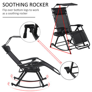 Garden Rocking Chair Folding Recliner Outdoor Adjustable Sun Lounger Rocker Zero-Gravity Seat with Headrest Side Holder Patio Deck - Black