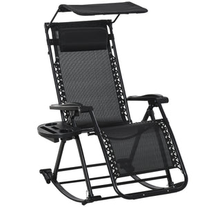 Garden Rocking Chair Folding Recliner Outdoor Adjustable Sun Lounger Rocker Zero-Gravity Seat with Headrest Side Holder Patio Deck - Black