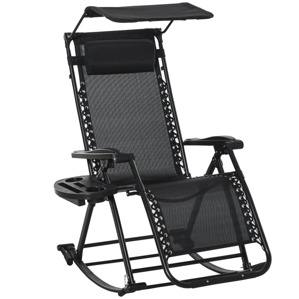 Garden Rocking Chair Folding Recliner Outdoor Adjustable Sun Lounger Rocker Zero-Gravity Seat with Headrest Side Holder Patio Deck - Black