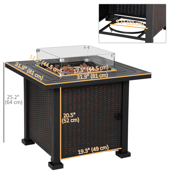 32" Outdoor Propane Gas Fire Pit Table, 50,000 BTU Auto-Ignition Square Wicker-effect Gas Firepit Table with Glass Wind Guard, Lid, Lava Rocks, CSA Certified, Black