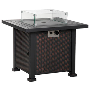 32" Outdoor Propane Gas Fire Pit Table, 50,000 BTU Auto-Ignition Square Wicker-effect Gas Firepit Table with Glass Wind Guard, Lid, Lava Rocks, CSA Certified, Black