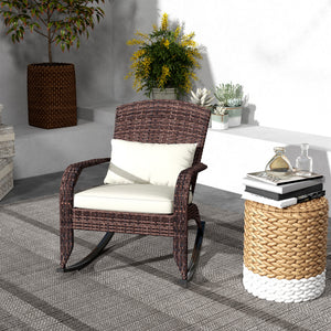 Outdoor Wicker Adirondack Rocking Chair, Patio Rattan Rocker Chair with High Back, Seat Cushion and Pillow for Garden, Porch, Balcony, Cream White/Brown