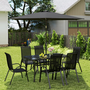 8 Pieces Patio Table and Chairs Set with 9 Ft Patio Umbrella, Outdoor Dining Set with 4.6 Ft Dining Table and 6 Chairs, Push Button Tilt and Crank Parasol, Tempered Glass Top, Black