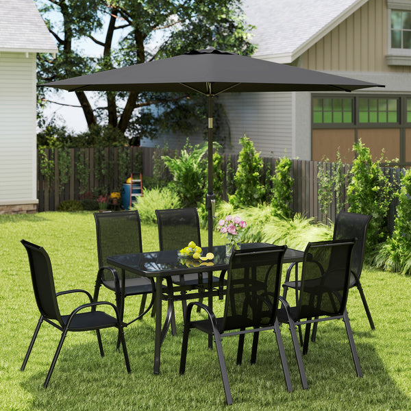 8 Pieces Patio Table and Chairs Set with 9 Ft Patio Umbrella, Outdoor Dining Set with 4.6 Ft Dining Table and 6 Chairs, Push Button Tilt and Crank Parasol, Tempered Glass Top, Black