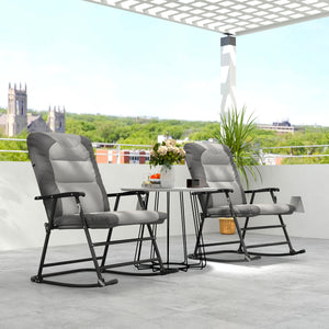 2pc Patio Foldable Rocking Chair Set w/ Soft Padded Seat, Backrest, and Headrest for park, backyard, garden, Light Grey