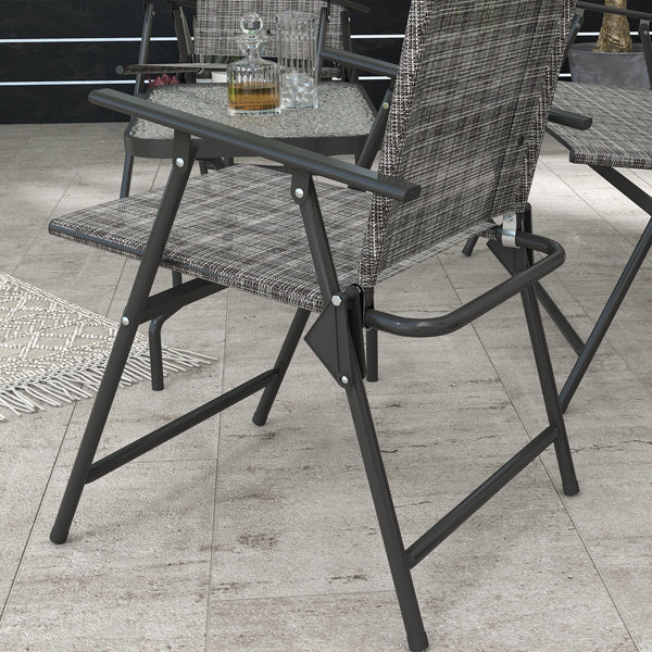 Outdoor 4 Pieces Patio Furniture Set with Breathable Mesh Fabric Seat & Backrest, Garden Set with Two Foldable Armchairs, a Loveseat & Glass Top Table, Mixed Grey