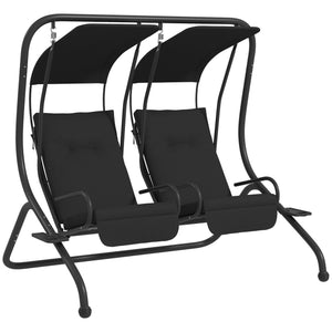 Outsunny Patio Swing Chair with 2 Separate Seats, Outdoor Swing with Removable Canopy and Cup Holders for Porch, Garden, Poolside, Backyard, Black