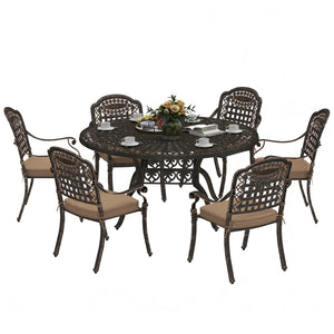 7 Pieces Cast Aluminum Patio Dining Set for 6, Patio Table and Chairs with Umbrella Hole and Cushions, Outdoor Furniture Dining Set for Garden Backyard Poolside, Bronze