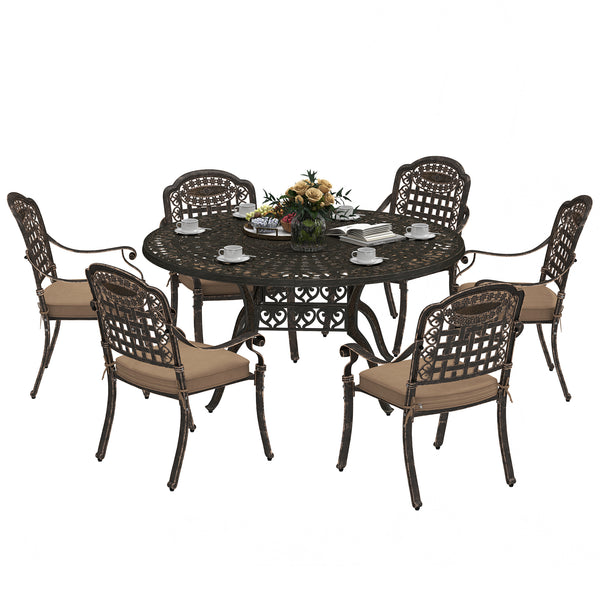 7 Pieces Cast Aluminum Patio Dining Set for 6, Patio Table and Chairs with Umbrella Hole and Cushions, Outdoor Furniture Dining Set for Garden Backyard Poolside, Bronze