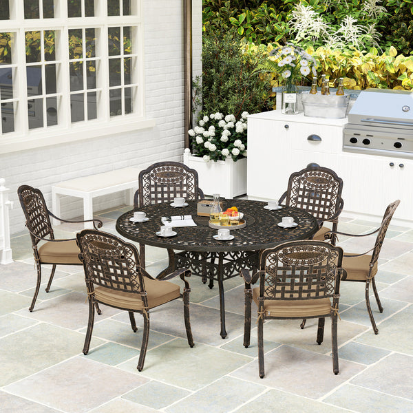 7 Pieces Cast Aluminum Patio Dining Set for 6, Patio Table and Chairs with Umbrella Hole and Cushions, Outdoor Furniture Dining Set for Garden Backyard Poolside, Bronze