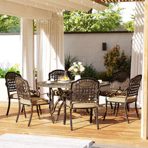 7 Pieces Cast Aluminum Patio Dining Set for 6, Patio Table and Chairs with Umbrella Hole and Cushions, Outdoor Furniture Dining Set for Garden Backyard Poolside, Bronze