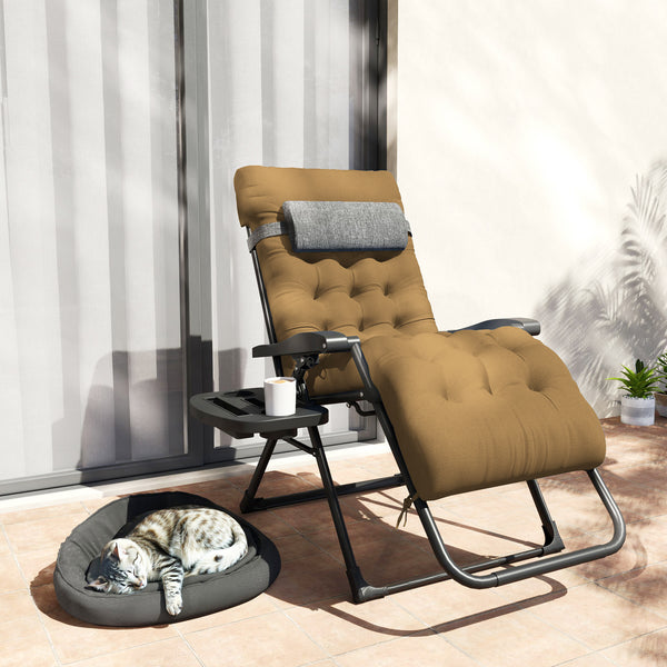 Padded Zero Gravity Chair, Folding Recliner Chair, Patio Lounger with Cup Holder, Adjustable Backrest, Removable Cushion for Outdoor, Deck, Poolside, Light Khaki