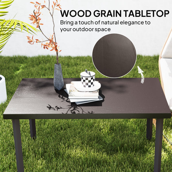 Metal Patio Coffee Table, Rectangle Outdoor Side Table with Woodgrain Tabletop, Foot Pads for Outside Garden Patio Lawn, Brown