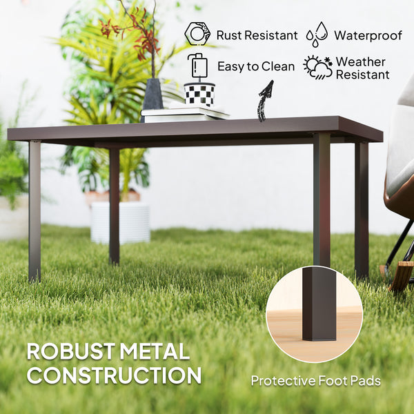 Metal Patio Coffee Table, Rectangle Outdoor Side Table with Woodgrain Tabletop, Foot Pads for Outside Garden Patio Lawn, Brown