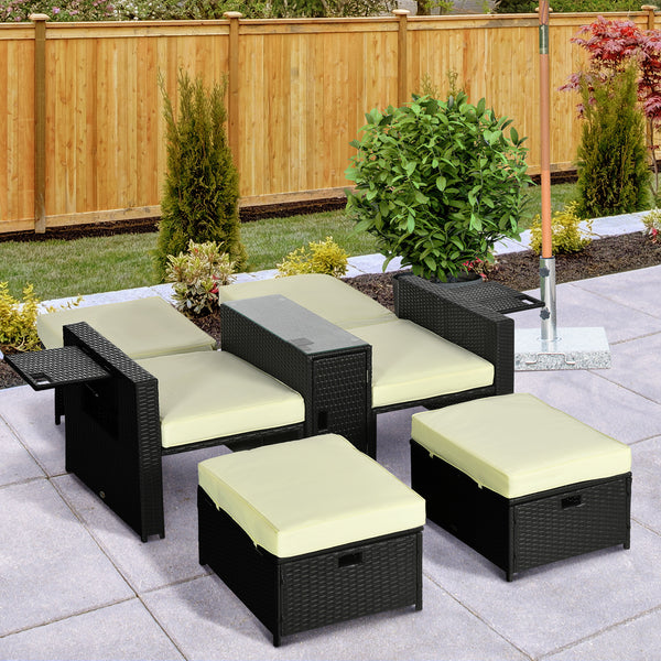 5PC PE Rattan Sun Lounger, Outdoor Wicker 5-level Adjustable Recliner Sofa Bed with Storage Side Table and Footstools, for Patio, Garden, Poolside, Black