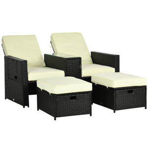 5PC PE Rattan Sun Lounger, Outdoor Wicker 5-level Adjustable Recliner Sofa Bed with Storage Side Table and Footstools, for Patio, Garden, Poolside, Black