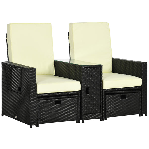 5PC PE Rattan Sun Lounger, Outdoor Wicker 5-level Adjustable Recliner Sofa Bed with Storage Side Table and Footstools, for Patio, Garden, Poolside, Black