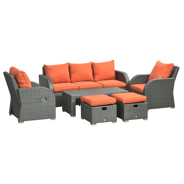 Rattan Garden Sofa Set With 3 Seater Sofa, 2 Reclining Single Sofa, Coffee Table, Footstool, Space-saving Outdoor Patio Wicker Furniture Set - Orange