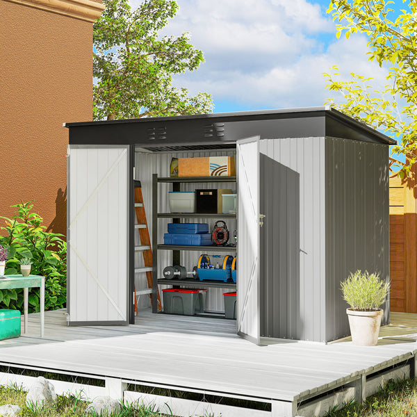9' x 4' Storage Shed, Galvanized Steel Garden Shed, Wide Double Door with Lock, Gloves and 2 Air Vents for Backyard, Patio, Lawn, Grey