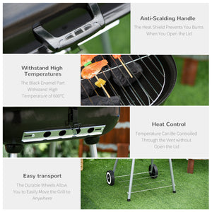 Portable Charcoal Grill with Foldable Side Shelf and Bottom Shelf, BBQ Smoker with Wheels and Adjustable Vents on Lid for Picnic Camping Backyard Cooking, Black