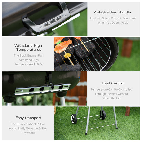 Portable Charcoal Grill with Foldable Side Shelf and Bottom Shelf, BBQ Smoker with Wheels and Adjustable Vents on Lid for Picnic Camping Backyard Cooking, Black