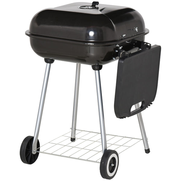 Portable Charcoal Grill with Foldable Side Shelf and Bottom Shelf, BBQ Smoker with Wheels and Adjustable Vents on Lid for Picnic Camping Backyard Cooking, Black