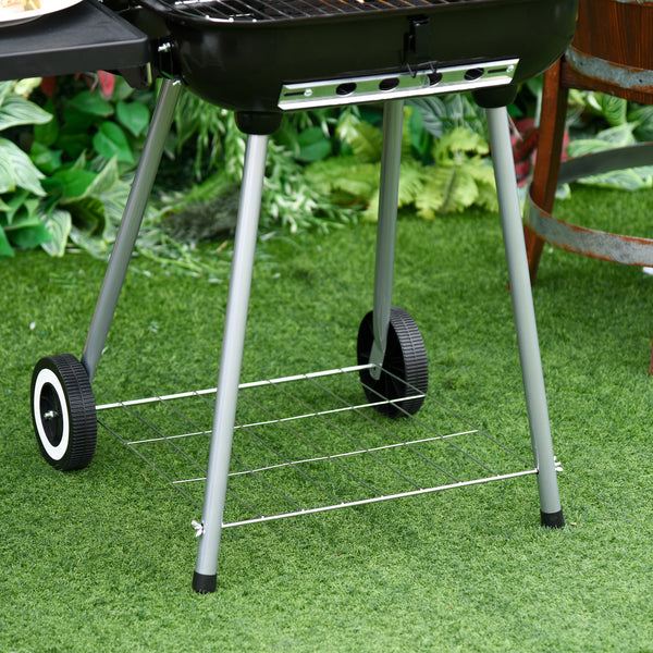 Portable Charcoal Grill with Foldable Side Shelf and Bottom Shelf, BBQ Smoker with Wheels and Adjustable Vents on Lid for Picnic Camping Backyard Cooking, Black