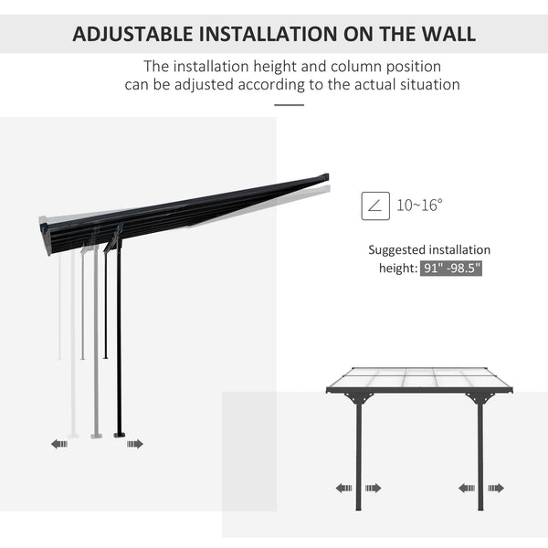 10' x 10' Outdoor Lean to Hardtop Pergola with Polycarbonate Roof, Wall Mounted Gazebo with Adjustable Height, Aluminum Frame, and UV Protection, Grey