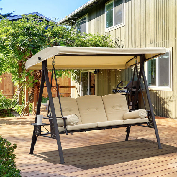 3 Seater Canopy Swing Chair, Outdoor Garden Swing Seat with Adjustable Canopy, Cushions and Cup Trays, Steel Frame, Beige